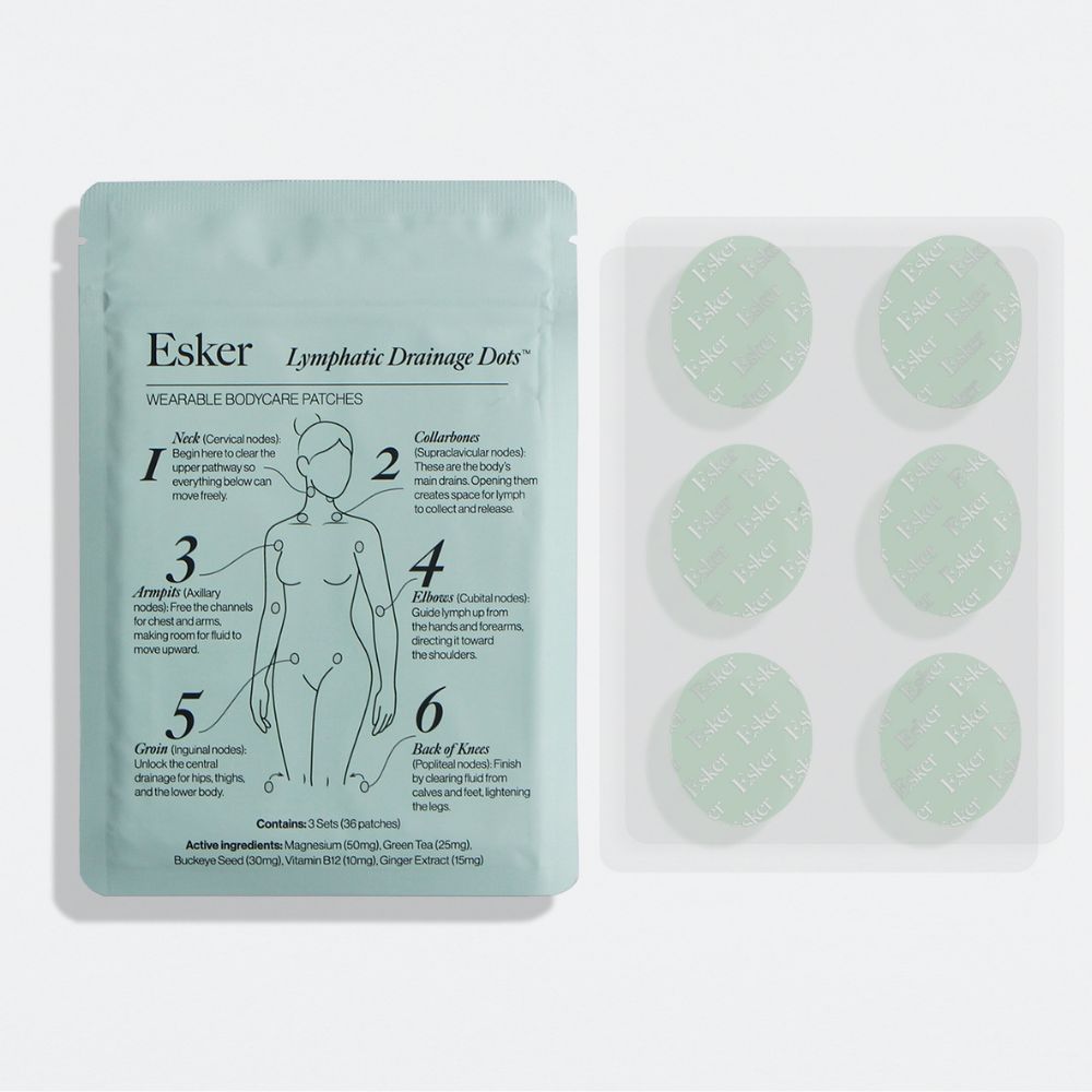 Esker lymphatic drainage dots packaging with instructions on a white background