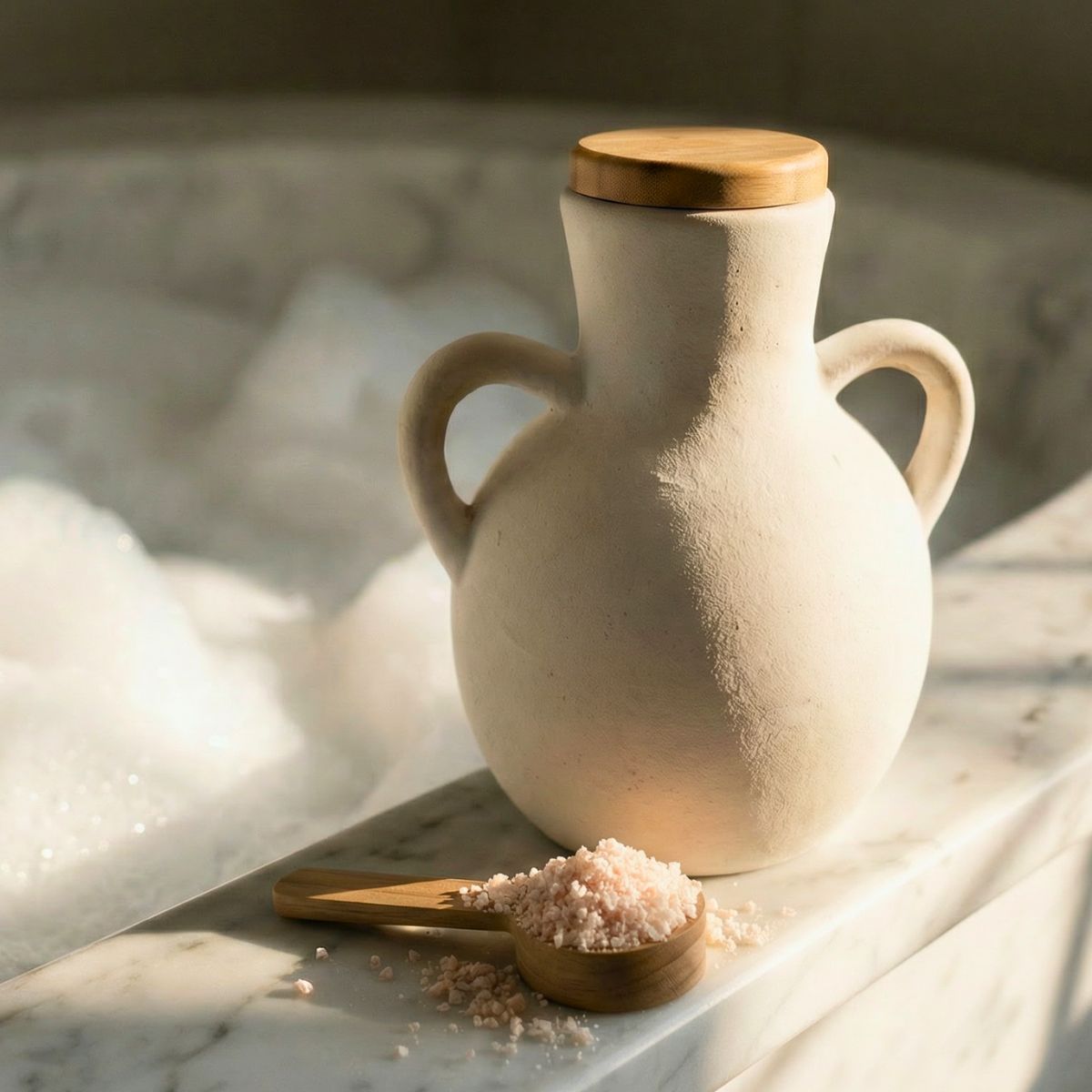 White ceramic jar with wooden lid on a marble surface with a wooden spoon of salt beside it.