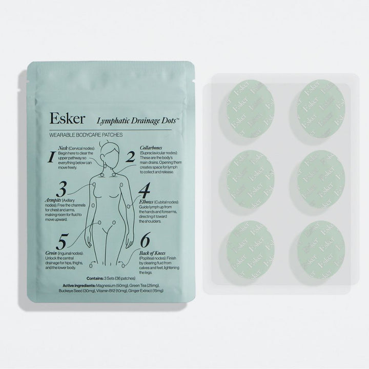 Esker lymphatic drainage dots packaging with instructions on a white background