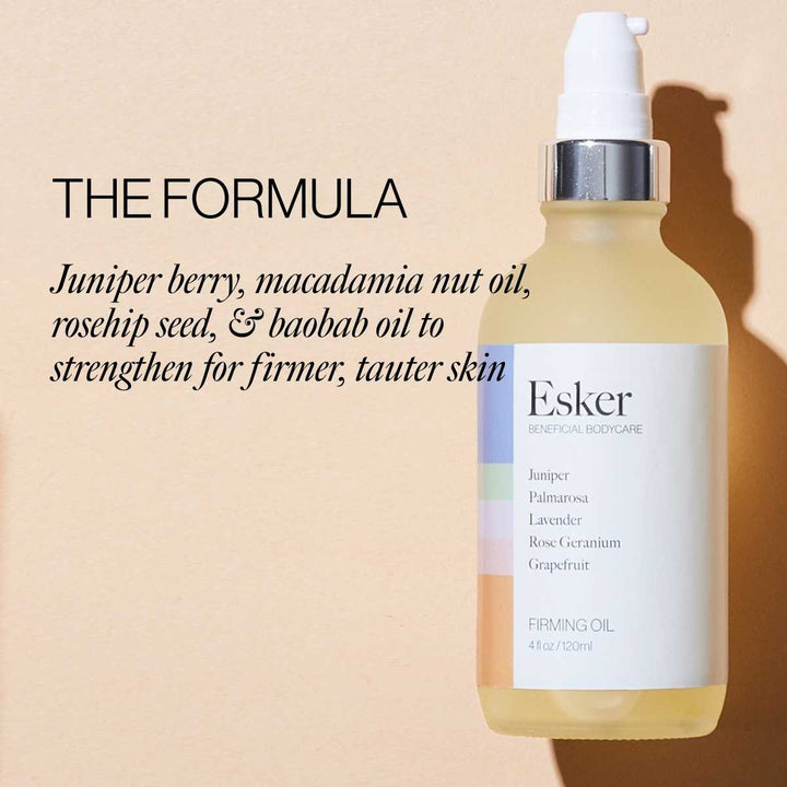 The formula: juniper berry, macadamia nut, rosehip seed, and baobab oil - Esker Firming Oil Deluxe Mini