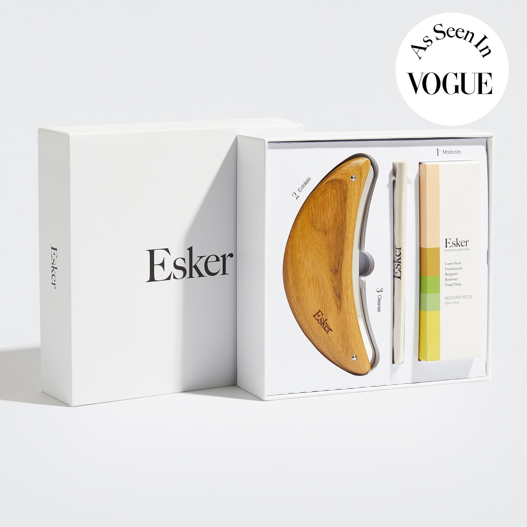 Wooden tool in a white box with 'Esker' branding, featuring a 'As Seen In Vogue' badge.
