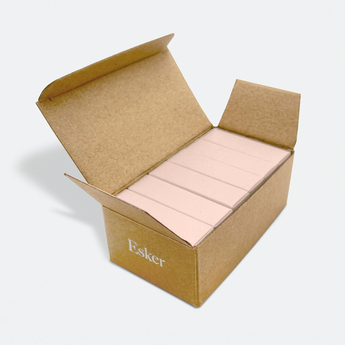 Open kraft refill box of Esker bergamot shower steamer tablets