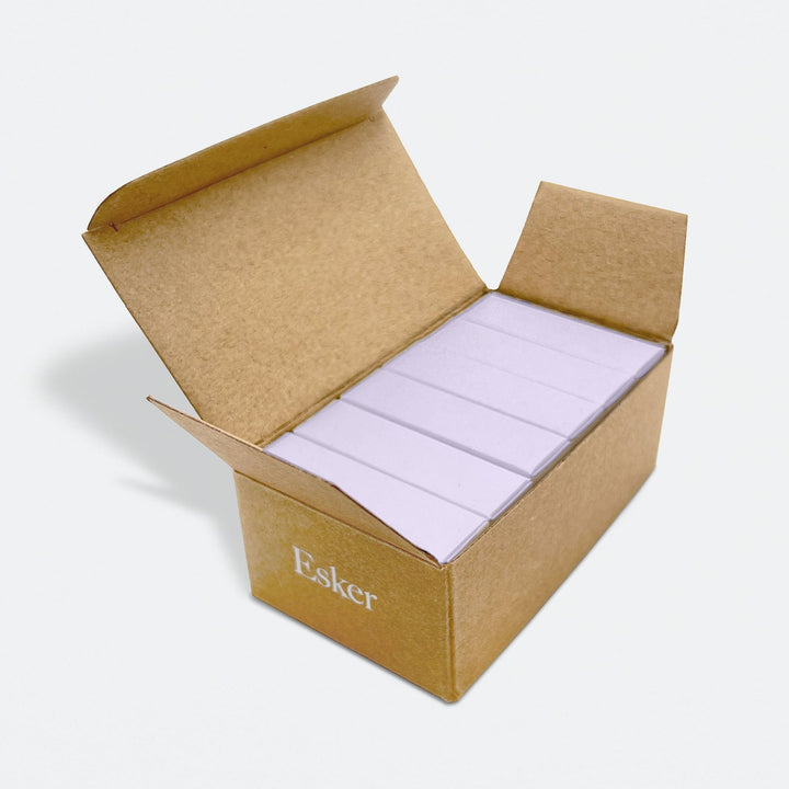 Open kraft refill box of Esker lavender shower steamer tablets