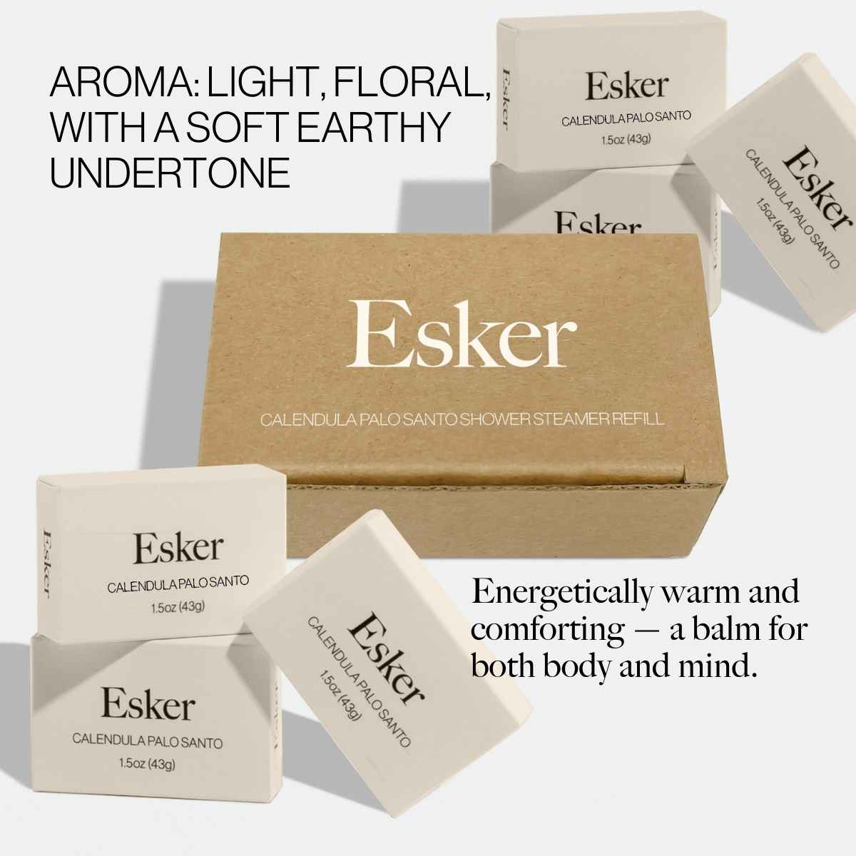 Aroma card: light and floral with a soft earthy undertone - Esker shower steamer tablets