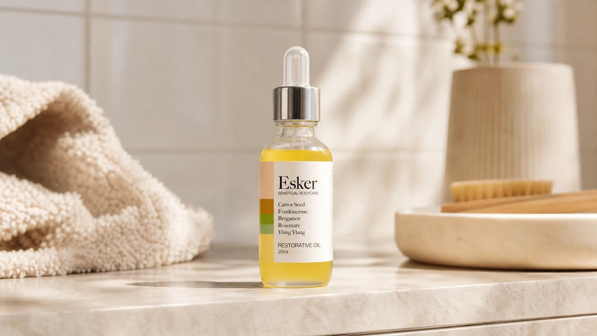 Esker Restorative Oil Deluxe Mini dropper bottle on a bathroom counter with a towel