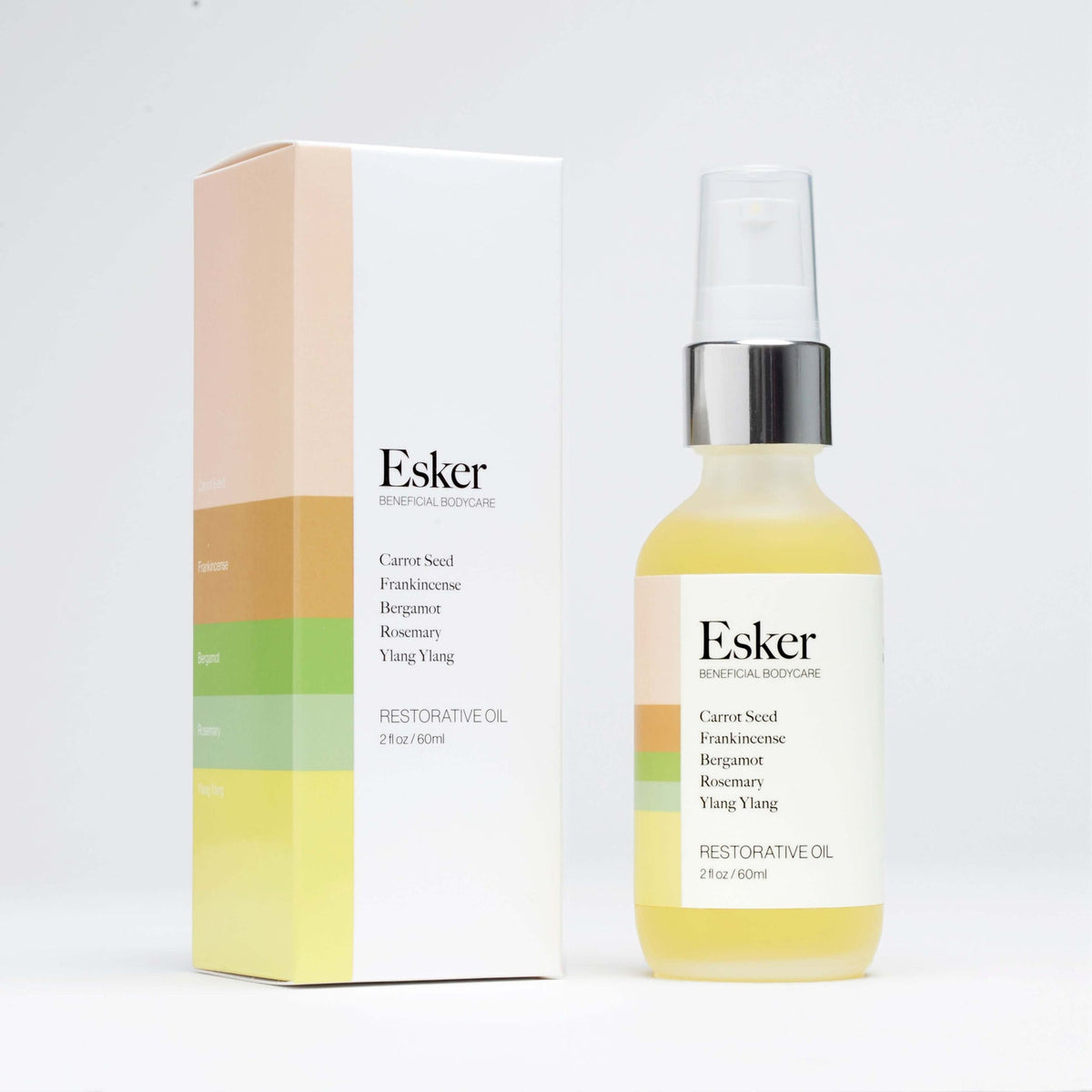 Esker Restorative Body Oil bottle beside its striped box